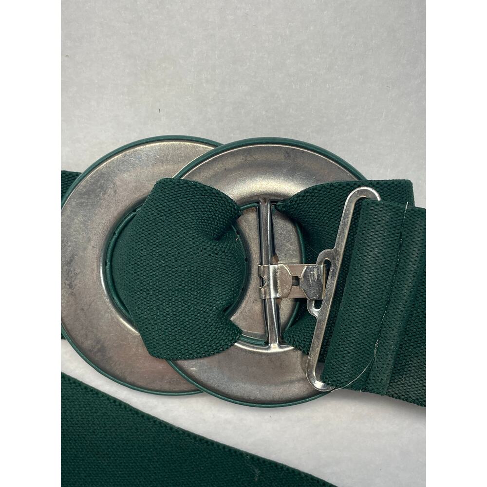 Vintage 80s Green Stretch Cinch Waist Belt Wide Elastic Double Ring Buckle OS - Picture 2 of 7